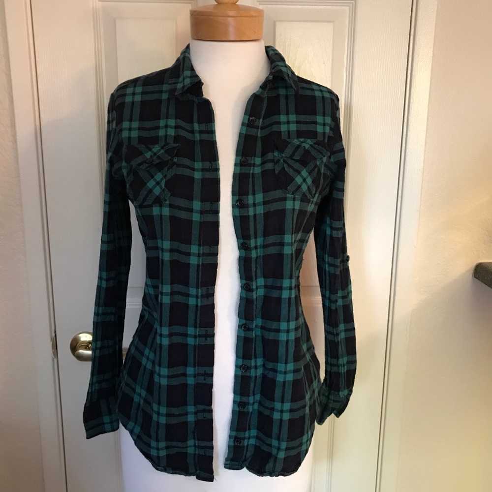 Long sleeve green and black plaid shirt